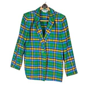 Carlisle Vintage Silk Plaid Blazer Women's Jacket Career Green Multi Size 12